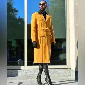 ORTTU Couture High‎ Fashion Barn Trench Coat Mustard Yellow Green Quilt Lined XL